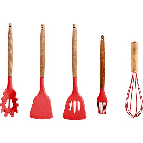 Spatula En Silicone - Cuillere A Friture - Cuillere A Nouilles - Brosse A Huile - Fouet A Oeufs - Manche En Bois - Lot De 5 (1/5)