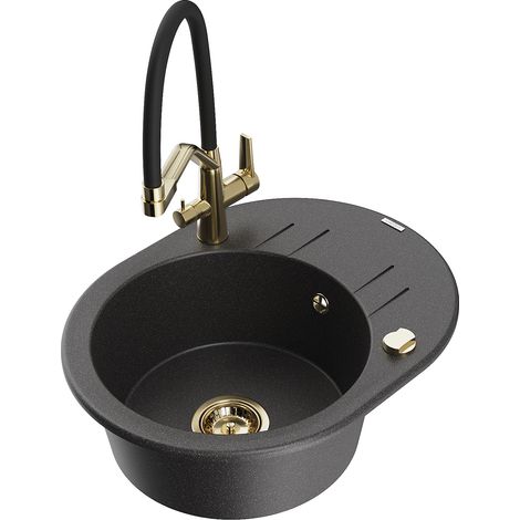 Mexen Kevin fregadero de cocina de granito de 1 cubeta con grifo de cocina Duo, negro moteado - 6517-76-671701-57-G (1/5)