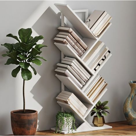 Bibliothèque étagère arbre 50x24x109 cm en bois blanc, gain de place pour bureau FloraGrace (1/5)