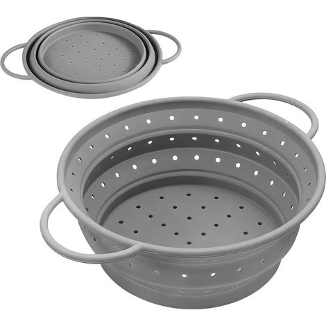 Passoire Pliable en Silicone Ø 21 cm(Gris), Passoire cuisine pliable, Pour Égoutter Pâtes, Légumes, Fruits et Légumineuses, Facile à Ranger (1/5)