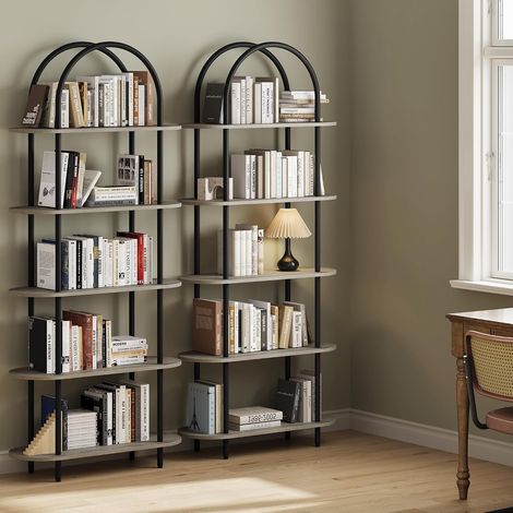 Lot de 2 bibliothèques bureau noir‑gris graphite 180 cm 5 niveaux ouverts incurvées étroites autoportantes, cadre métal tablettes bois livraison plusieurs colis (1/5)