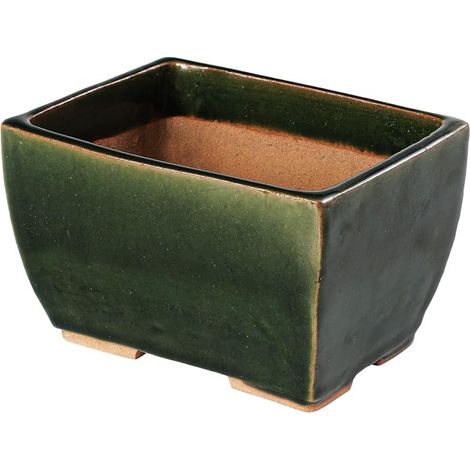Small Rectangular Bonsai Pot Handmade with Green Enamel and Drainage Holes Made in Japan for Indoor and Outdoor Plants 13.5cm (1/5)
