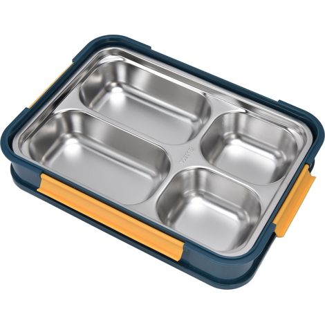 Plateau Repas Inox 4 Compartments Bleu Jaune pour École et Bureau - Pratique et Léger (1/5)