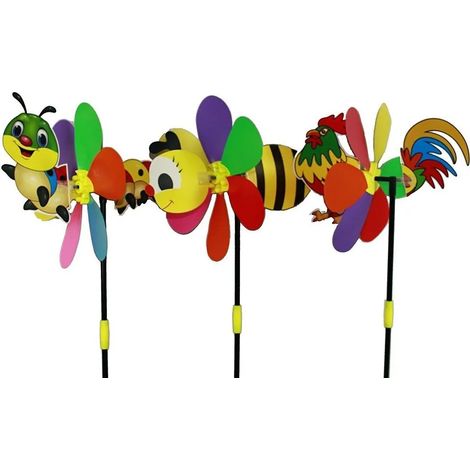 Moulin à vent HAAC, motif animal : abeille, coq, papillon, chenille. Longueur : 52 cm. Taille : 23 cm. (1/5)