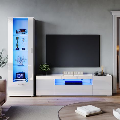 ELEGANT 1800mm High Gloss LED TV Unit Stand Cabinet Sideboard Display Cabinet with 5mm Tempered Glass Living Room Home Furniture White Set 5 (1/5)
