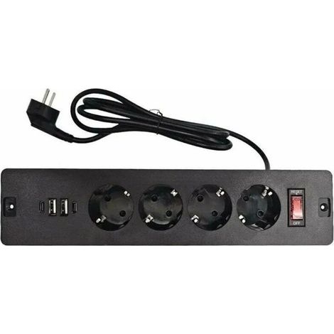 Prise Encastrable de Table avec Ports 2USB et 2Type-C Multiprise Intégrée 4 Prises avec Câble d'alimentation 1,7m et Câble Type-C Prise de Cuisine Multiprise pour Meuble ou Bureau Noir (1/5)