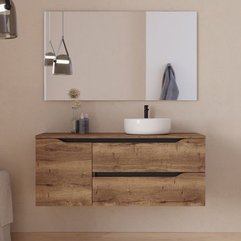 Meuble de salle de bain 120cm avec plateau, vasque à poser déportée à droite Ares et miroir - 2 tiroirs et un placard - tabaco (bois foncé) - ZARZA