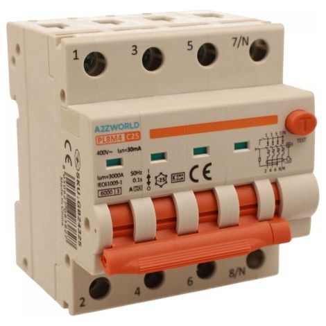 RCBO Interruttore Magnetotermico Differenziale Con Doppia Leva Tipo A Curva C 4P 4M 6000A 30mA, Diagnostica Visiva, C25A  AC 400V IP20 IEC61009-1 PL8M4 4P GB66325