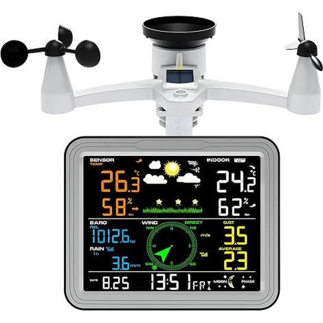 7-in-1 Wireless Weather Station Indoor Monitor with Outdoor Sensor, Rain Gauge, Wind Speed, Thermometer/Hygrometer, Atmospheric Pressure and Weather Forecast (Grey) (1/5)
