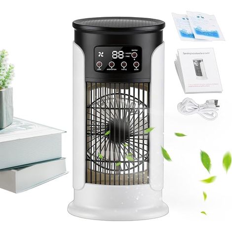 Petit ventilateur tour - Refroidisseur d'air sur pied sans pales à 6 vitesses, 29,5 x 15 cm. Baume compact, mélange doux et stable, accessoire de beauté. (1/5)