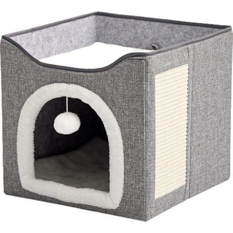 Niche pour chat double couche, pliable, douce et moelleuse, respirante, légère, matériau MDF/velours/lin, gris foncé/blanc (1/5)