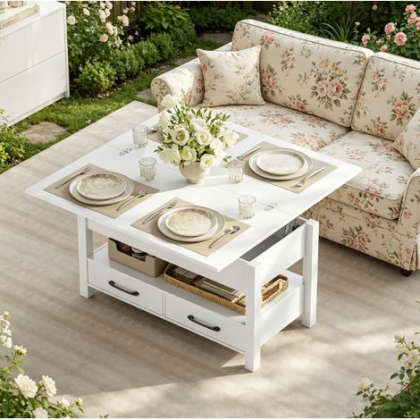 Mesa de Centro Elevable con 2 Cajones y Hueco Abierto, Tablero Extensible, para Salon, Metal y Tableros, Blanco (1/4)