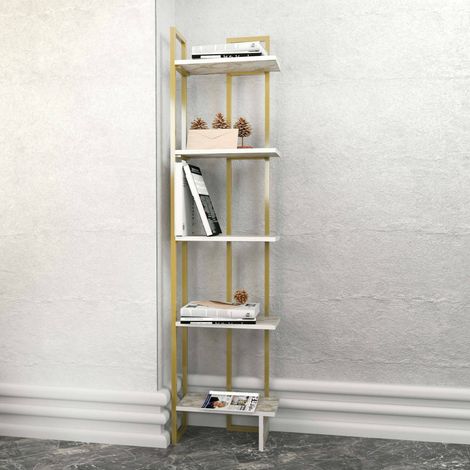 Dmora - Estante para libros Dbradari, Estante de oficina, Porta libros móvil, Biblioteca, 45x22h180 cm, Blanco y Oro (1/4)