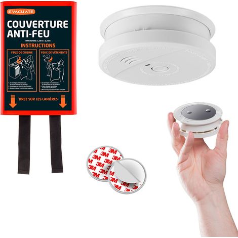EVACUATE Détecteur de fumée NF autonomie 5 ans + support magnétique + couverture anti-feu 1,20x1,20 M (1/5)