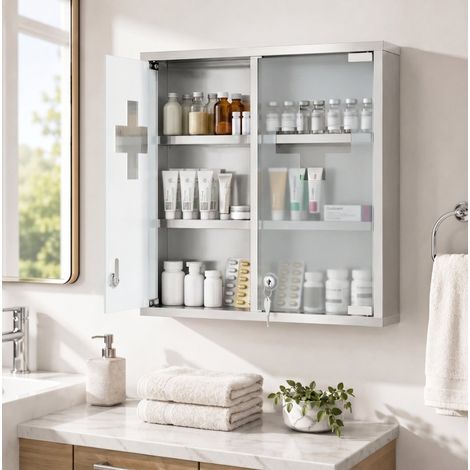 Armario de pared para medicamentos con cerradura, 6 zonas de almacenamiento, vidrio esmerilado, acero inoxidable plateado (1/5)