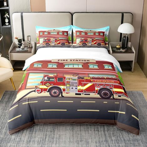 Housse de Couette en Coton pour Camion de Pompiers pour Enfants Housse de Couette 240x260 Rouge pour Voiture de Dessin Animé Housse de Couette pour Camion de Sauvetage pour Enfants (1/5)