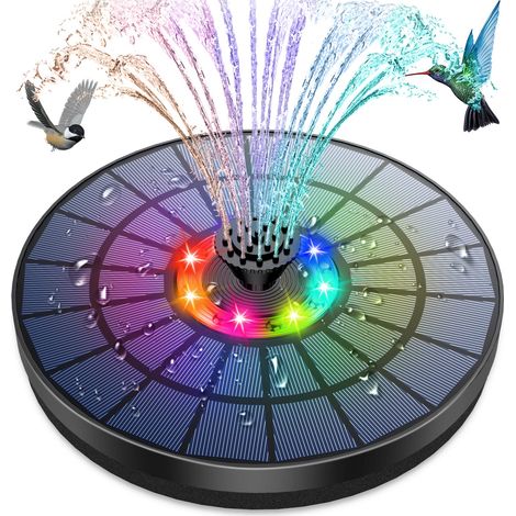 LED Fontaine Solaire Extérieur 5.5W avec Lumières Colorées LED et Batterie et 7 Buses Pompe Solaire Fontaine, pour Bassin Bain d'oiseaux Jardin (1/5)