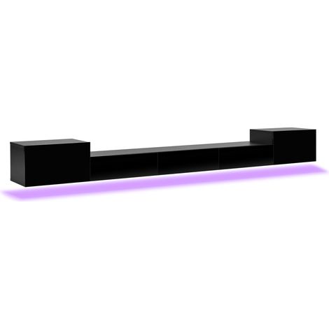 Mueble TV colgante negro de 245 x 30 x 26 cm con puertas brillo, LED multicolor y gestión de cables (1/5)
