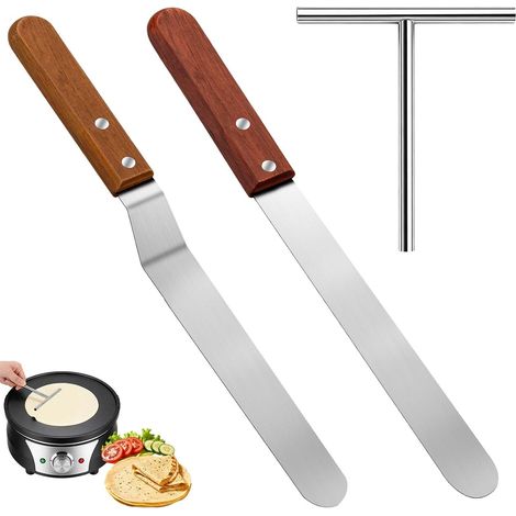 3 Pièces Crêpes Spatule Acier Inoxydable Kit, Spatules pour Crêpes, Kit Accessoires Crêpière pour la Fabrication de Crêpes, Petits Pains, Gâteaux (1/5)