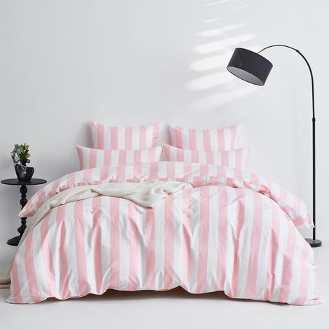 Housse de Couette 240 x 260 Coton Rose Blanc Rayé Parure de Lit 240 x 260 Coton Style Moderne Doux Respirant Linge de Lit 2 Personne avec Fermeture Éclair et 2 Taies d'oreiller 65x65 cm (1/5)