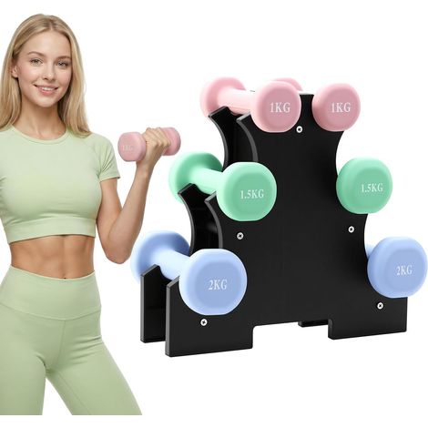 TEENO Haltères en Néoprène Lot de 6 avec Support, Salle de Sport, Surface Résistante à L'eau, 2 x 1 kg, 2 x 1.5 kg, 2 x 3 kg, Antidérapants, Fitness à Domicile, Entraînement Bras Épaules