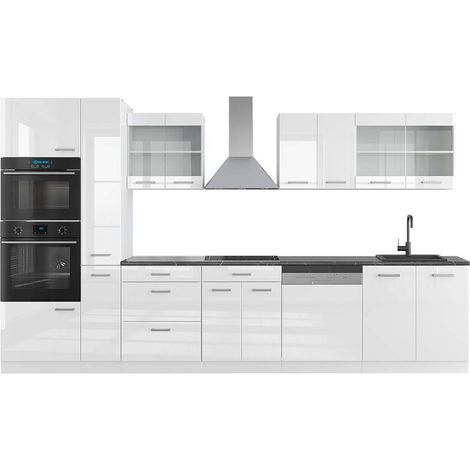 Küchenzeile R-Line, Weiß Hochglanz/Weiß, 350 cm mit Hochschrank, AP Anthrazit, Vicco