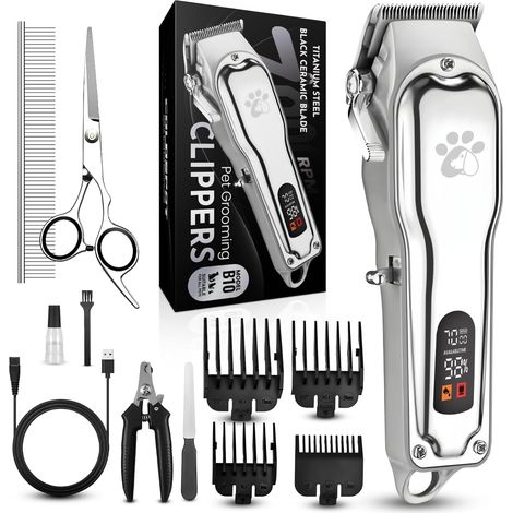 Tondeuse de toilettage pour poils épais, corps entièrement en métal, lame en céramique noire, affichage LED, kit de toilettage pour chien sans fil rechargeable à faible bruit (1/5)