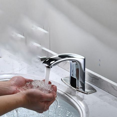 Robinet de salle de bain sans contact avec détecteur de mouvement automatique avec plaque de couvercle de trou et mélangeur de température, robinet mains libres activé par le mouvement, robinet à (1/4)