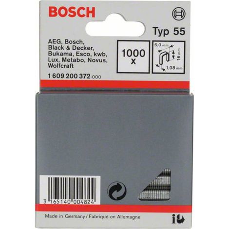 Bosch – Agrafe pour agrafeuse portative type 55 – Longueur 16 mm, largeur 1,08 mm, 1000 pièces – SKU 1609200372