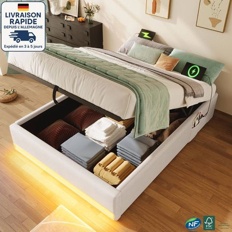 Cama con almacenaje de 90 x 200 cm - Cama tapizada de 90 x 200 cm - Lino - Tira de luces LED con control remoto, puertos USB y tipo C, con pequeña bolsa de almacenamiento - Madera con certificación PE (1/5)