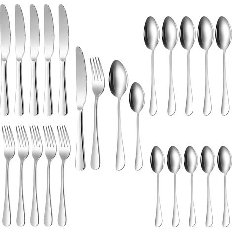 Ensemble De Couverts: 24 Pièces Couverts De Table Transportables, Finition Miroir Menagere En Acier Inoxydable Avec Couteau Fourchette Cuillère Pour Les Voyages Et Le Camping (Argent) (1/5)