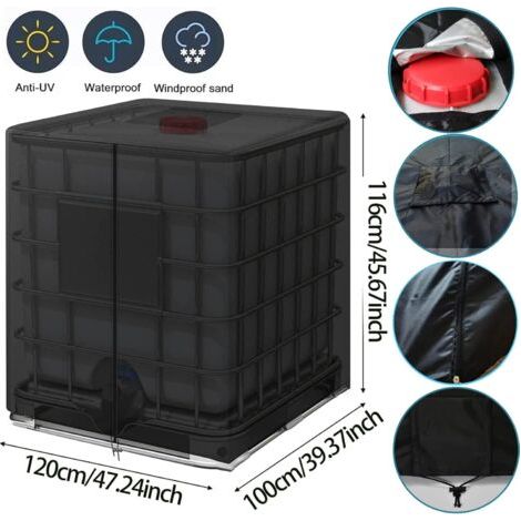 Housse pour réservoir d'eau IBC de 1000 L, housse pour conteneur d'eau de pluie, avec fermeture éclair, coupe-vent, résistante aux UV, ripstop 420D (noir). (1/4)