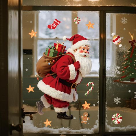 1 foglio di adesivo autoadesivo per finestre a forma di Babbo Natale - regalo di caramelle - omino di pan di zenzero - adesivo natalizio per finestre e (1/5)