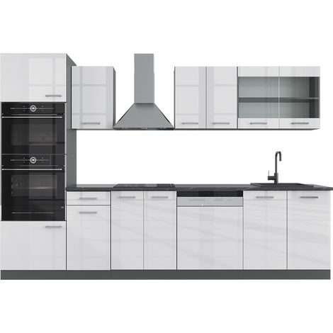 Cucina componibile R-Line, Bianco lucido/antracite, 300 cm con armadio alto, PL Antracite, Vicco