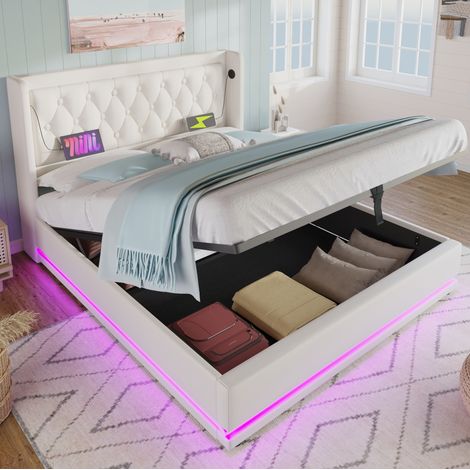 Letto matrimoniale 180x200 cm in PU bianco con contenitore, LED 3 lati e USB Type-C (1/5)