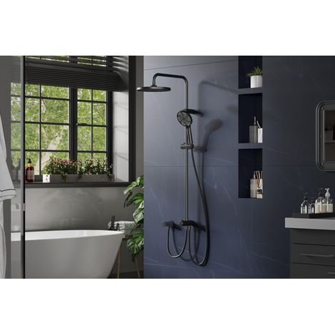 Colonne de douche pluie sans robinetterie – Tête ronde 25 cm inox 304, douchette 3 modes, flexible PVC, hauteur réglable 82-123 cm, installation facile sans perçage, finition noire élégante – Equipée 