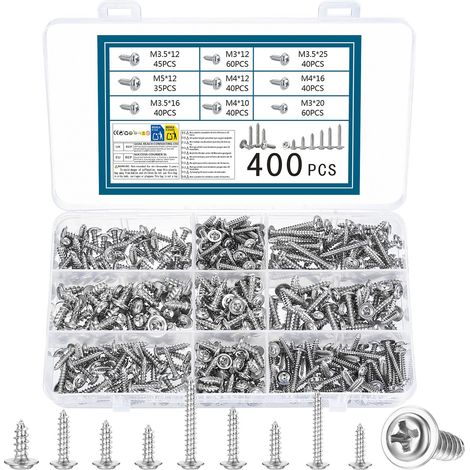 400 Pcs Vis Autotaraudeuses, M3/M3,5/M4/M5 Vis à Tête Plate avec Rondelles, Vis à Tôle à Tête Ronde Cruciforme, Visser à Bois Autoperceuses (1/5)