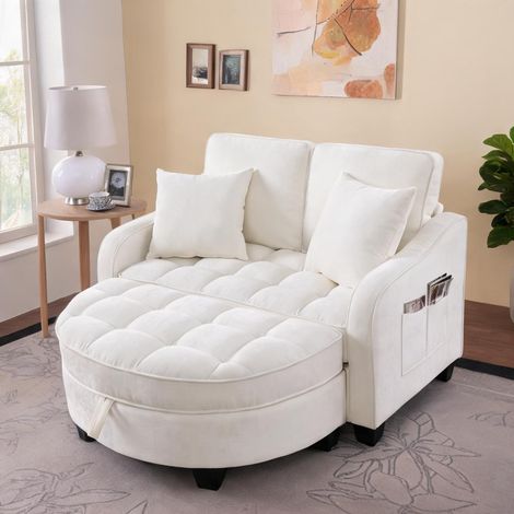 Canapé convertible 2-en-1 en bois d'eucalyptus avec pouf beige (1/5)