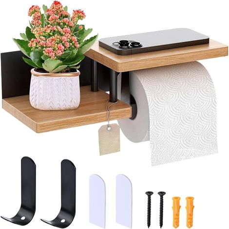 Porte Papier Toilette Mural en Bois Support Papier Toilette à Visser Étagère de Rangement pour Téléphones Portables Noir pour Salle de Bain Cuisine (1/5)