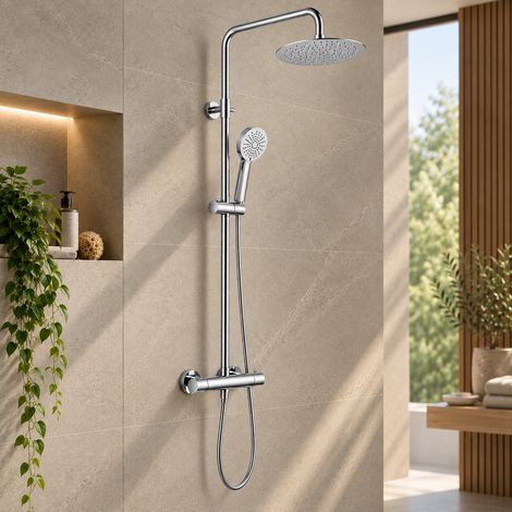 Stano. – Colonne de douche thermostatique en acier inoxydable – Finition chromée – Pommeau haute pression 20 cm – Flexible 150 cm inclus (1/5)