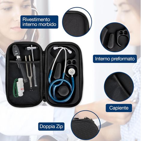 Étui pour stéthoscope, étui de protection robuste adapté aux stéthoscopes standard à un tube, intérieur pré-moulé adapté, compartiment intérieur pour accessoires et poignée extérieure, noir, dimension (1/4)