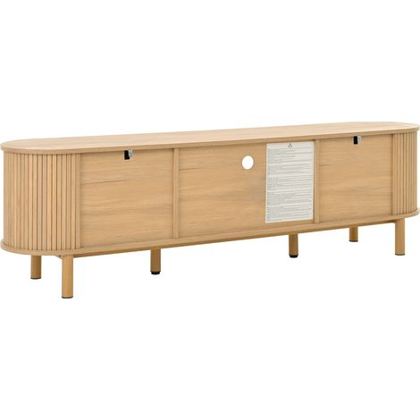 Console TV 175 cm, en bois naturel aux angles doux et tiroirs en rotin, banc télévision bois naturel en MDF et piétement métallique, 2 tiroirs en rotin et des niches ouvertes, meuble TV moderne (1/5)