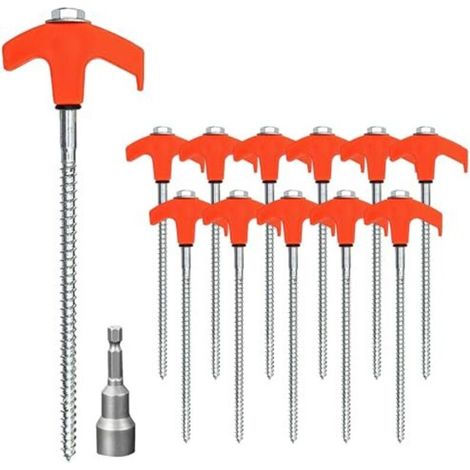 Zyluniy Tent Pegs, 12 PCS Tent Stakes, 1 Hex Socket, Metal Camping Pegs, Steel Stakes with Thread, Durable for Camping, Hiking and Beach (Orange) (1/5)