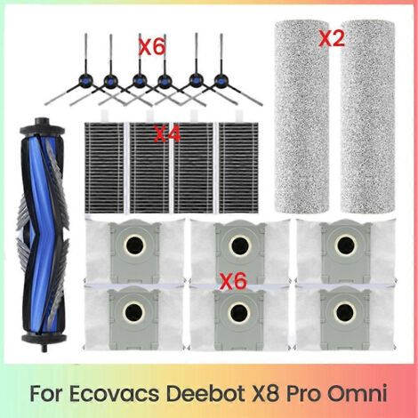 19 pièces de rechange pour aspirateur robot Ecovacs Deebot X8 Pro Omni : brosses latérales principales, lingettes de nettoyage, filtres HEPA et sacs à poussière.