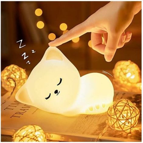 Veilleuse Chat - Silicone Sécurisé - 16 Couleurs LED - Lampe de Chevet Enfant - Décoration Chambre Bébé - Autonomie 10 H - 1 Pièce (1/4)