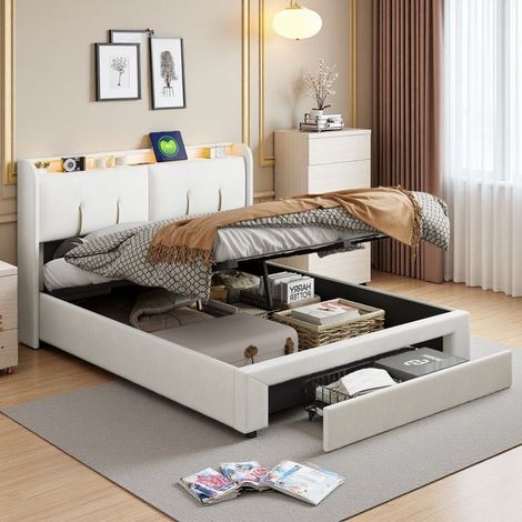 Cama Doble 140x200 - Cofre a Pistón - Cabecera con Almacenamiento - Iluminación LED - Cargadores USB