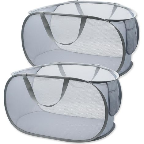 Panier à linge robuste en filet avec système d'ouverture facile et poches latérales (position horizontale, gris + gris)