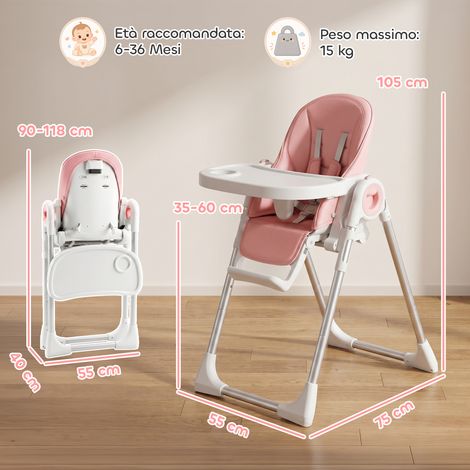 Chaise haute pliable à double plateau lavable et réglable en hauteur, avec roulettes (convient aux enfants de 6 à 36 mois), rose (1/5)