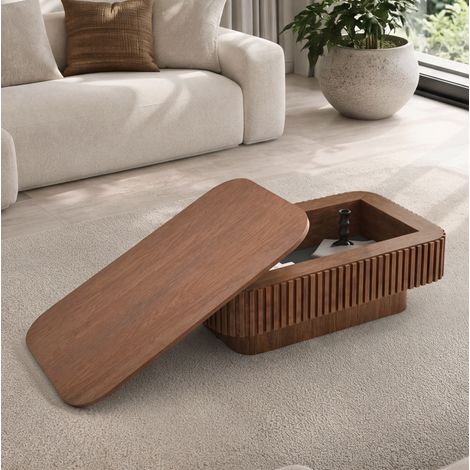Tavolino da caffè rettangolare 98 cm con spazio nascosto, piano sollevabile, MDF e finitura effetto legno - noce (1/5)