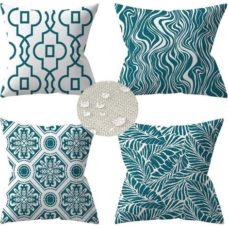 Pack de 4 fundas de cojín para exterior, XU, 45 x 45 cm, impermeables, para sofá, diseño de plantas verdes, cojines decorativos para jardín (45 x 45 cm, turquesa) - KZQ (1/4)